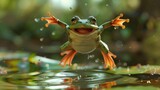 Fototapeta  - Design a scene where a frog is realistically shown both flying and laughing, capturing the whimsical and unexpected moments in nature