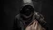 A bank robber in a dark hood and mask holding a bag of loot, standing against a black background with a subtle outline of a bank door