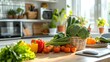 A bright and inviting consultation room where a nutritionist advises a patient, a basket of vibrant vegetables on the desk