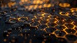 Abstract art of glowing gold hexagons floating over a sleek black background, creating a sense of depth and luxury