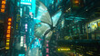 In a futuristic cityscape, a holographic butterfly alights upon a neon sign, its delicate form contrasting against the glowing backdrop of skyscrapers and floating advertisements.