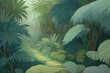 Jungle illustration in pastel colors. Painted beautiful tropical forest with exotic plants, palm trees, big leaves and ferns. Thicket of the rainforest. Simple nature drawing.