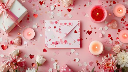 Poster - Celebrate Valentine s Day with a charming mix of gifts candles confetti and an envelope shaped postcard set against a pretty pink backdrop The flat lay arrangement offers a top down view co