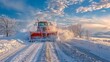 © Lifia - Snow plow clearing wintry road under bright midday sky.