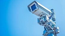Close-up Installation Of Outdoor Surveillance Equipment With Clear Sky.