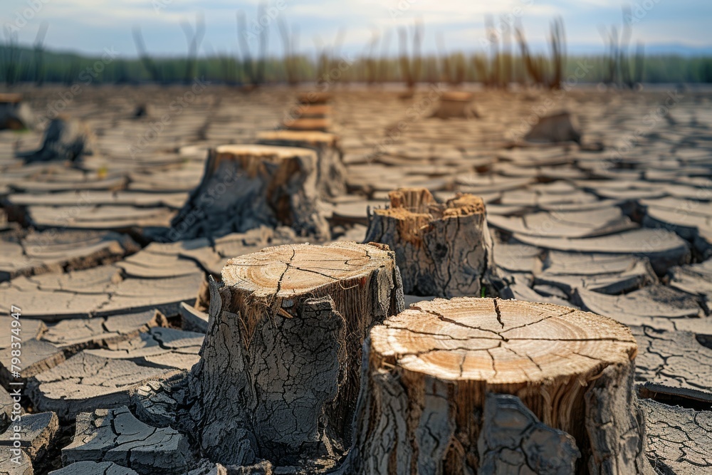 Stump from felled tree in drought concept. Record summer heat. Backdrop ...