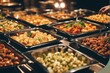 buffet style food trays cater epicure lunch banquet salad catering hotel industry vegetable decoration garnish dinner eatery anniversary appetence business celebration container delicious dining dish'