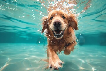 Poster - A dog is swimming in a pool and appears to be enjoying himself. Summer heat concept, background