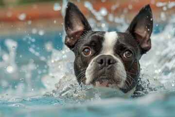 Wall Mural - A black and white dog is swimming in a pool. Summer heat concept, background