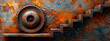 A surreal wall of rust, with a staircase and a big rusty cogwheel.