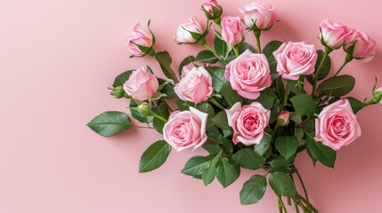 Canvas Print - A stunning arrangement of pink rose blossoms sits beautifully in a vase set against a soft pastel pink table backdrop Perfect for occasions like birthdays weddings Mother s Day Valentine s 