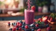 Athletic individual blending a smoothie with berries and soy protein, health-focused