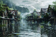A Flooded Village With Houses And Trees. Scene Is Dark And Gloomy. The Water Is Murky And The Houses Are In Disrepair. The Scene Is A Representation Of The Aftermath Of A Natural Disaster
