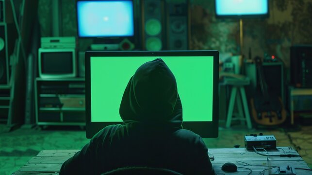 A person wearing a black hoodie is sitting in front of a computer with a green screen.

