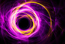 Dynamic Neon Purple And Yellow Swirling Lines. An Intriguing Magnetic Vortex On A Black Canvas.