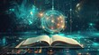 © Khoirul - Illustration of an open knowledge book, with hologram light science technology effect background illustration.