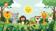 A cheerful cartoon illustration of jungle animals with a smiling sun in a vibrant forest setting.