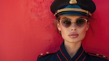 Poster - A young woman wearing a black uniform standing by the red wall