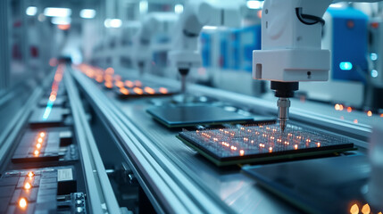 Wall Mural - computer chips assembly line in manufacturing plant, modern electronics production factory 