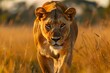  Side view of a Lion walking, looking at the camera, Panthera Leo, A lioness, Panthera leo, sitting on top of a mound, on a rocky , Single lion looking regal standing proudly on a Savannah grassland
