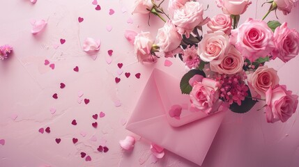 Canvas Print - A top down shot captures an open pink envelope a paper card a vase filled with delicate pink roses and heart shaped confetti scattered on a soft pastel pink table This charming scene is per