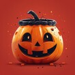A digital illustration of a cheerful jack-o'-lantern with a bright, festive orange background, perfect for Halloween celebrations.
