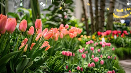 Poster - A vibrant floral display of pink tulips mingling with lush green leaves at the festive flower show