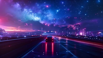 Wall Mural - Futuristic Cityscape with Starry Sky and Car with Ai generated.
