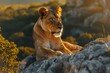  Side view of a Lion walking, looking at the camera, Panthera Leo, A lioness, Panthera leo, sitting on top of a mound, on a rocky outcrop, Single lion looking regal standing proudly on a small hill.