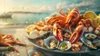 A fresh seafood spread with lobster, prawns, and shellfish, presented on a table with a scenic ocean background and warm sunlight.