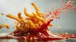 Dynamic French Fries Splashing in Ketchup