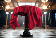 'pedestal red cloth covered poduim covering plinth table award three-dimensional render important gift surprise design showing single concept isolated off ceremony mystery new silk shot racked'