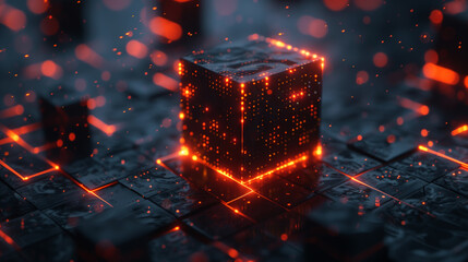 Aufkleber - futuristic technology wallpaper with glowing binary lines on black cube 