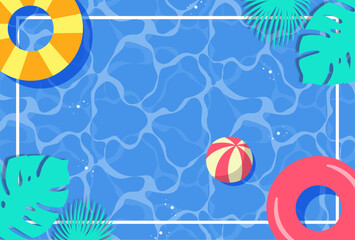 Wall Mural - Hello Summer water surface background vector. Blue sea hand drawn backdrop design of ocean, sea, pool, swim ring, beach ball, palm leaf. Tropical summer time illustration for cover, promotion, sale.