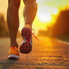 Wall Mural - close up Runner feet running on road