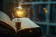 Glowing lightbulb over a book, Inspiring from read concept, Education knowledge and business education ideas