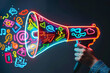 Vibrant neon megaphone with various marketing buzzwords, social media Concept Marketing Trends