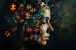Woman head fragmented with many puzzle pieces