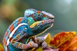 Chameleon on the flower. Beautiful extreme close-up.Yellow blue lizard Panther chameleon isolated on white background,lizard