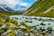 Glacial stream between rocks and gravel in Hooker Valley from Aoraki Mount Cook, highest peak of Southern Alps an icon of New Zealand