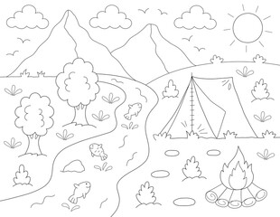 Poster - nature camping outdoor coloring page. you can print it on standard 8.5x11 inch paper