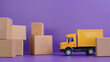 A yellow toy delivery truck next to cardboard boxes, on a purple background, concept of logistics and moving. Generative AI