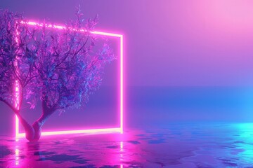 Poster - 3d rendering of abstract background with ultraviolet neon lights, empty frame, glowing lines with tree. Purple, blue and pink colors.