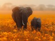 A Moment of Peace: Elephants in a Serene and Vibrant Scene