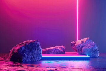 Wall Mural - 3d render, abstract neon geometric background with rock stones and glowing line. Minimalist futuristic wallpaper. Showcase scene with empty platform for product presentation