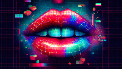 Canvas Print - Glitch Aesthetics: Wireframe Lips in a Vibrant Digital Art Dimension.