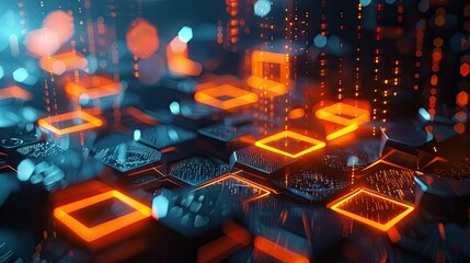 A computer chip is shown in a bright orange color