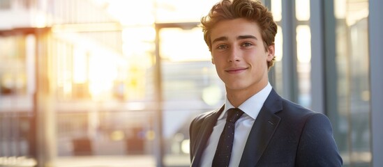 Wall Mural - Smartly dressed young man in a suit and tie standing confidently in front of a modern city building