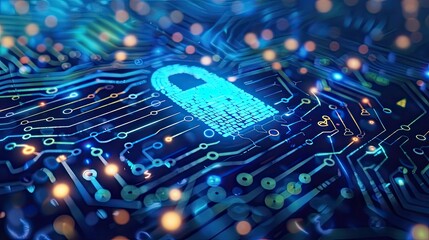 Poster - A blue computer chip with a lock on it