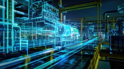 Poster - a futuristic industrial scene with a lot of pipes and machinery